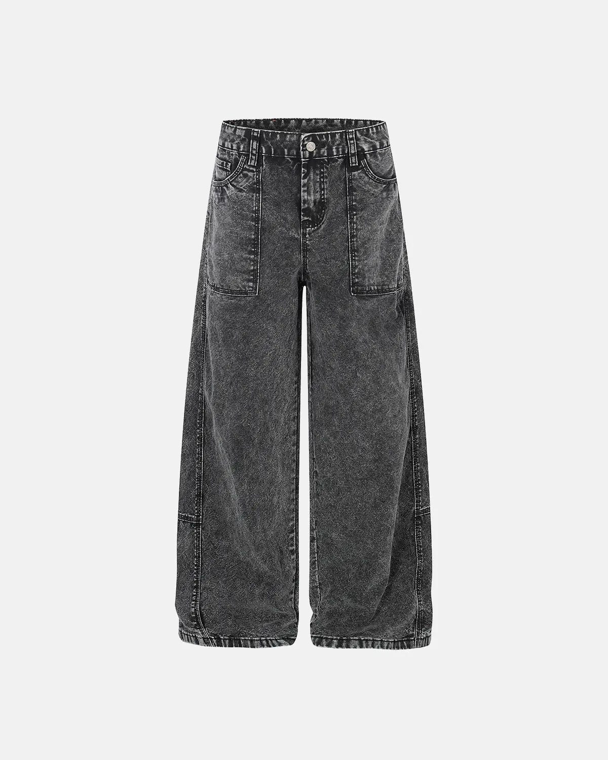 Deconstructed distressed barrel jeans by Flation Streetwear showing ripped details and unique distressed design with a relaxed fit.