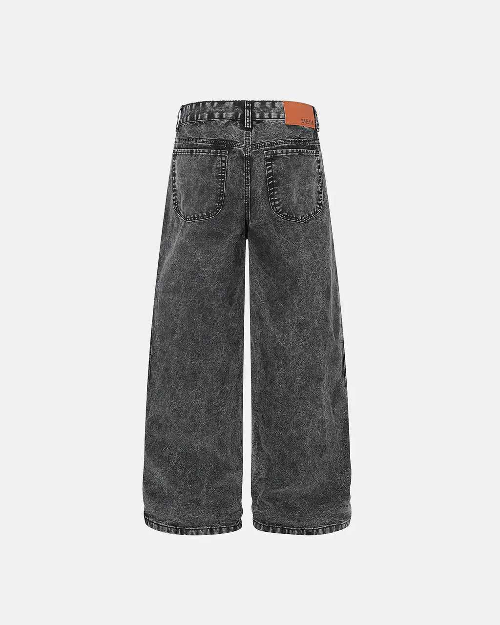 Pair of deconstructed distressed barrel jeans from Flation Streetwear with frayed hems and faded denim details.