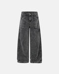Deconstructed distressed barrel jeans by Flation Streetwear featuring ripped details and a relaxed fit.