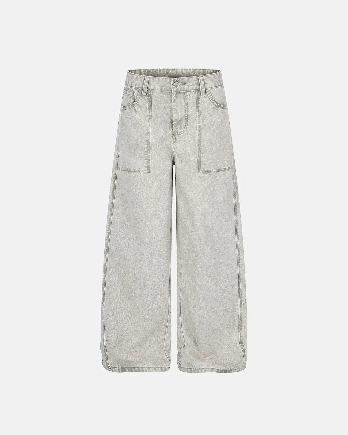 Deconstructed distressed barrel jeans by Flation Streetwear showing ripped details and relaxed fit on a model.