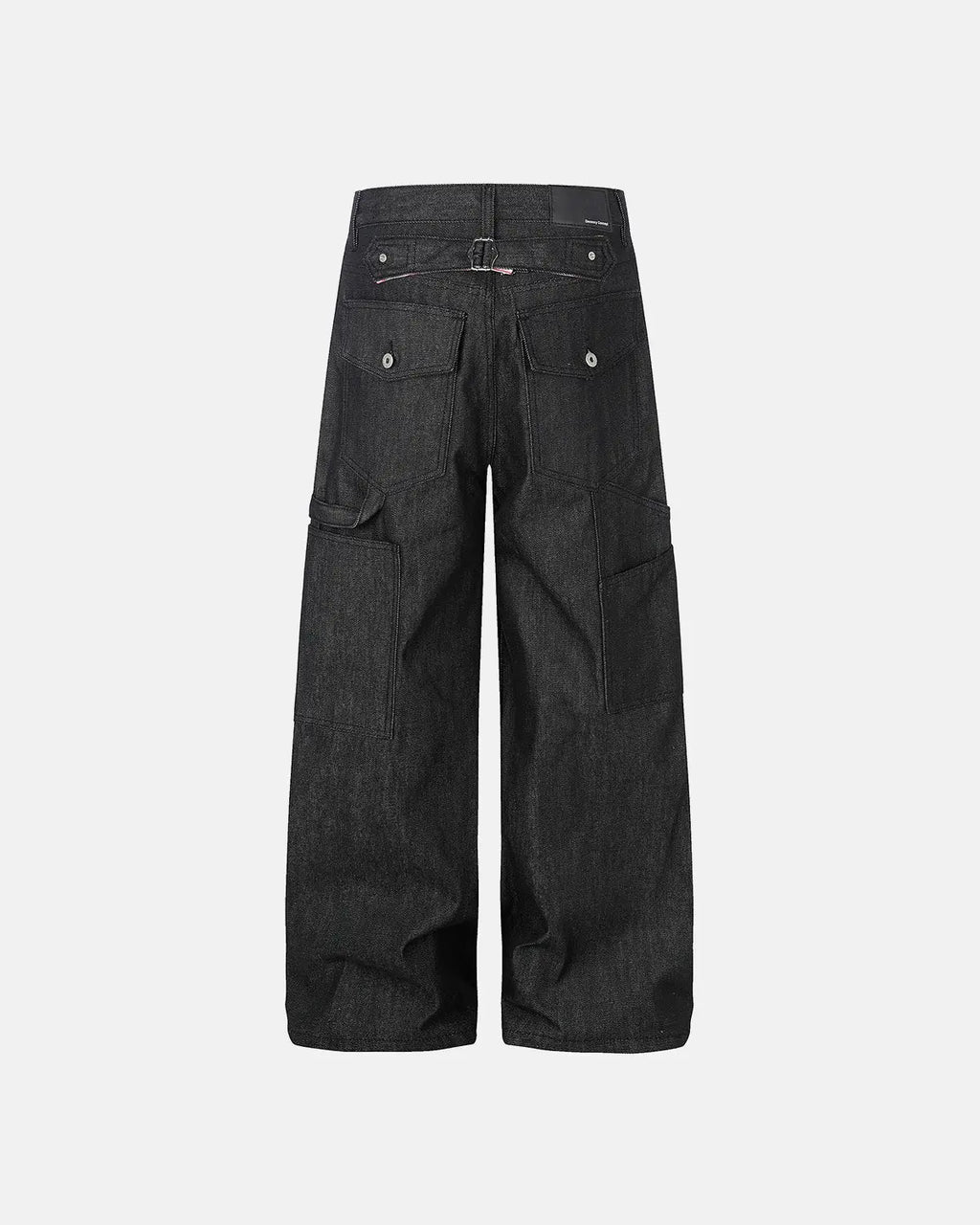 Black deconstructed utility baggy jeans by Flation Streetwear featuring relaxed fit, multiple pockets, and distressed denim details.