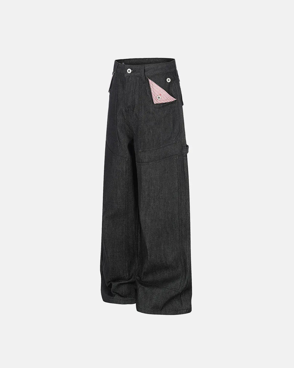 Black deconstructed utility baggy jeans by Flation Streetwear, featuring a relaxed fit and multiple utility pockets.