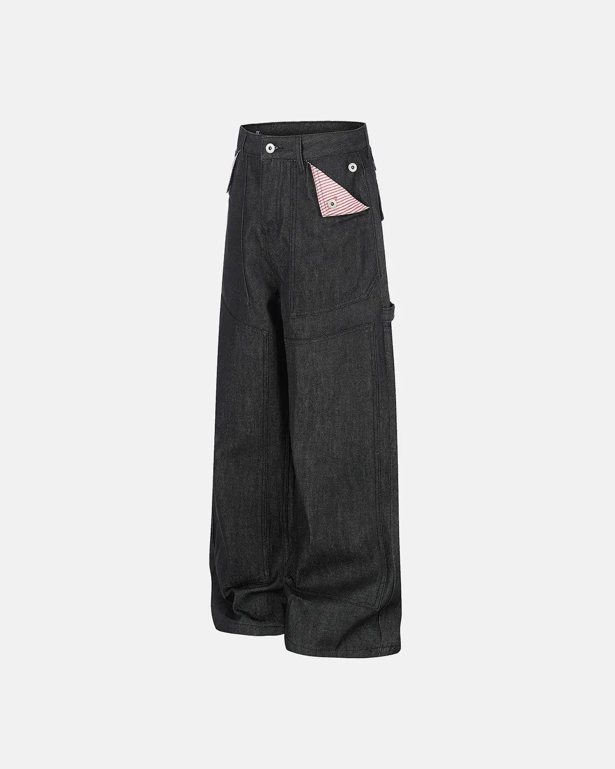 Black deconstructed utility baggy jeans by Flation Streetwear, featuring a relaxed fit and multiple utility pockets.