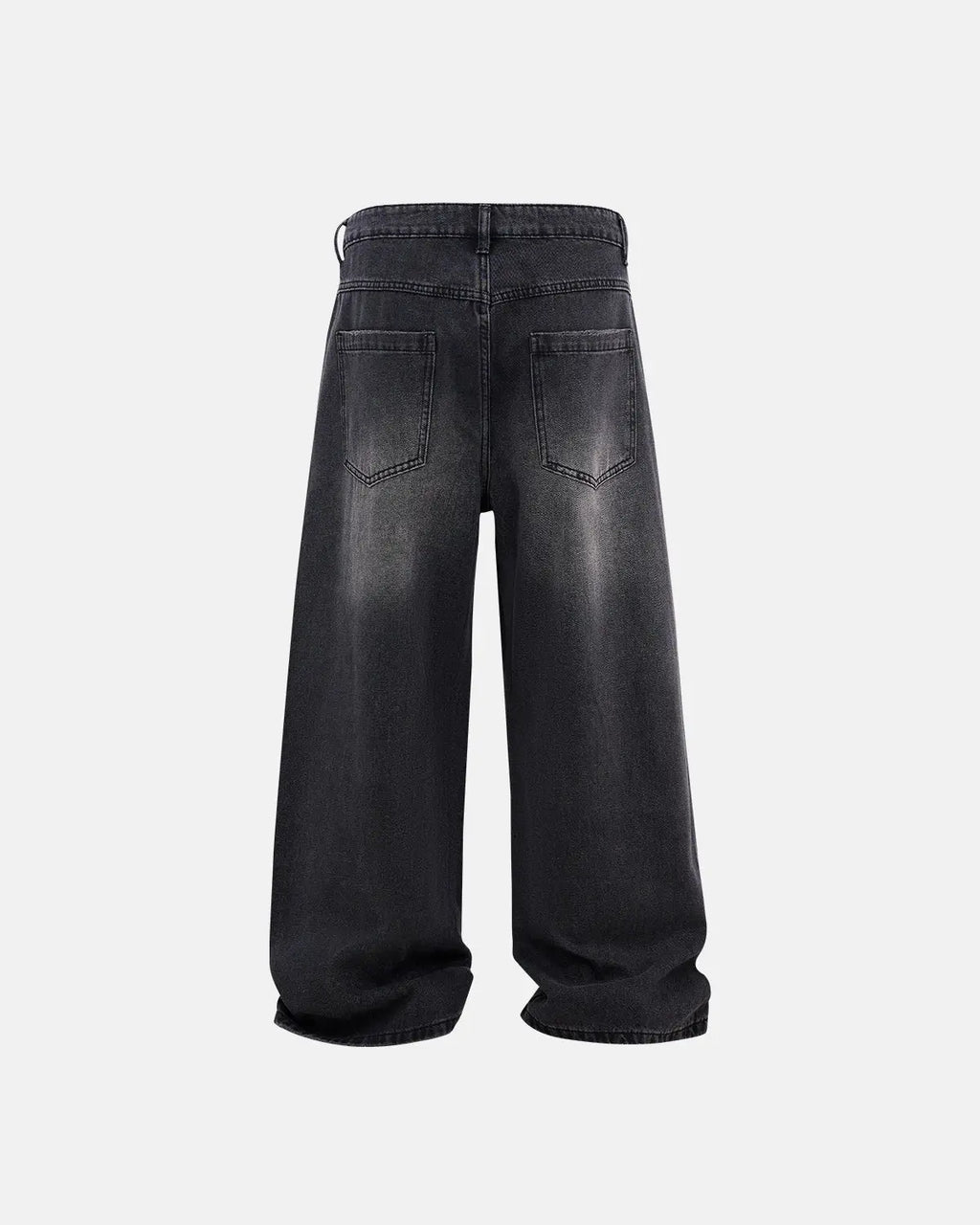 Distressed rhinestone ripped baggy jeans by Flation featuring large tears, rhinestone accents, and a relaxed streetwear style.