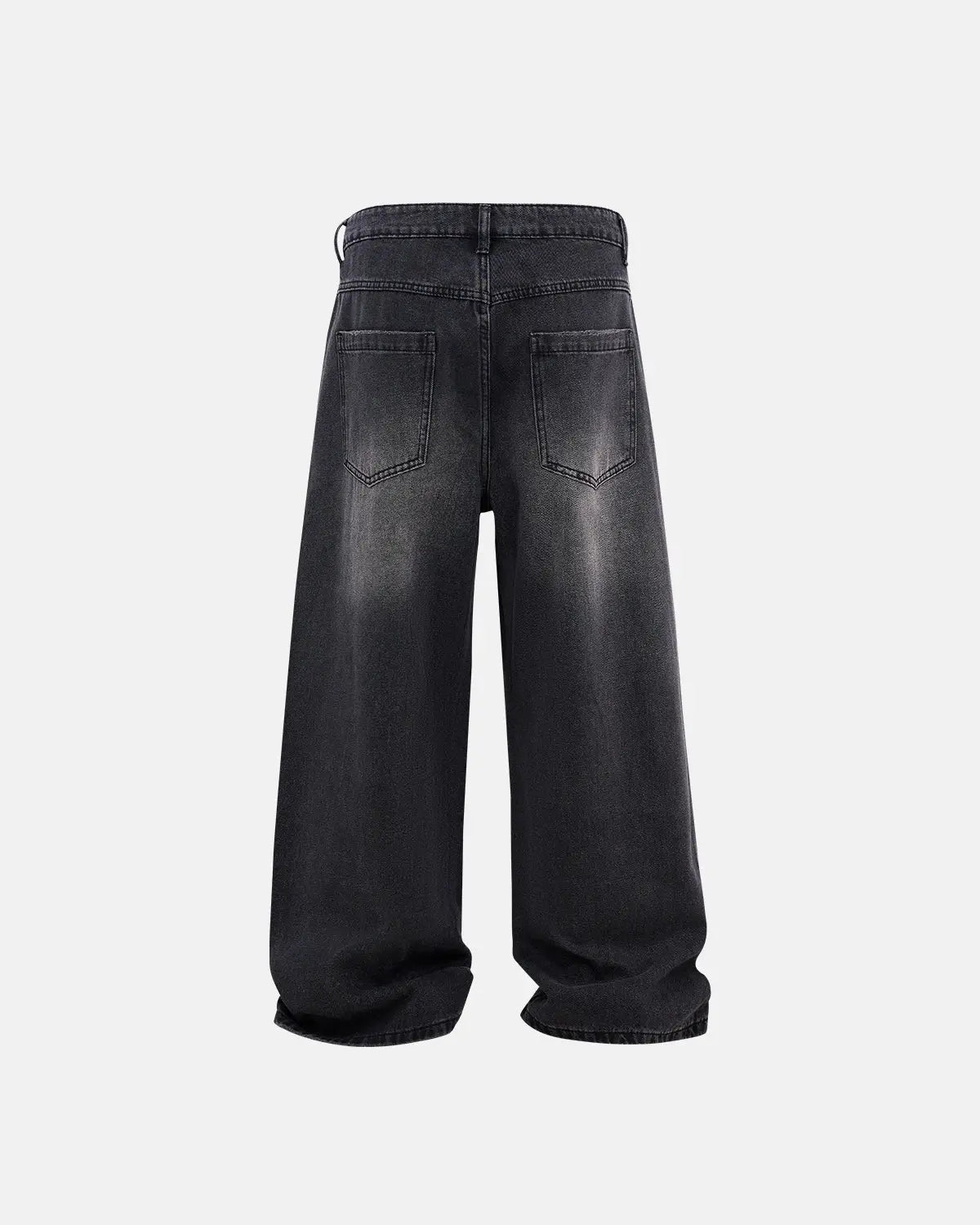 Distressed rhinestone ripped baggy jeans by Flation featuring large tears, rhinestone accents, and a relaxed streetwear style.