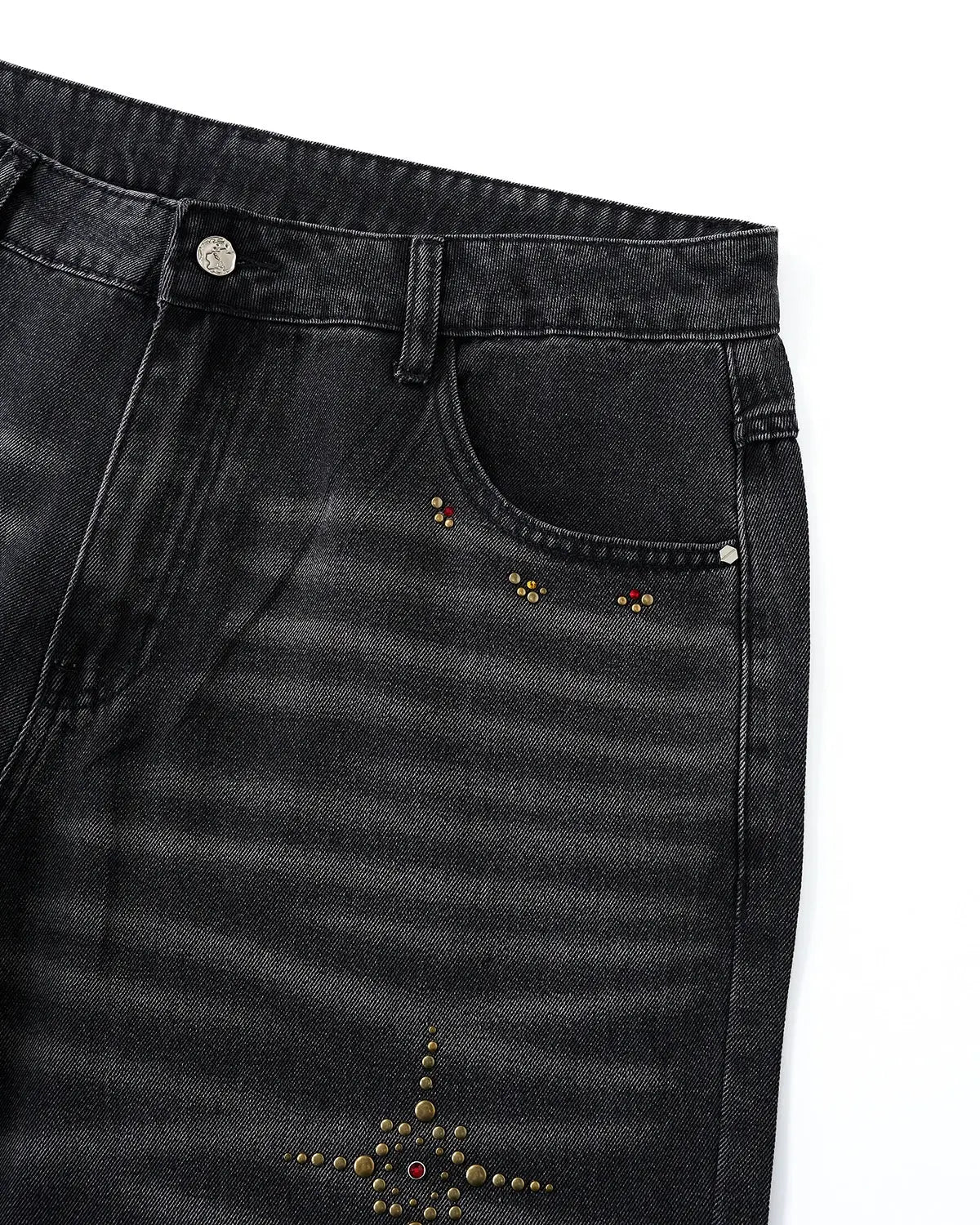 Distressed rhinestone ripped baggy jeans by Flation featuring torn fabric, rhinestone accents, and a relaxed streetwear fit.
