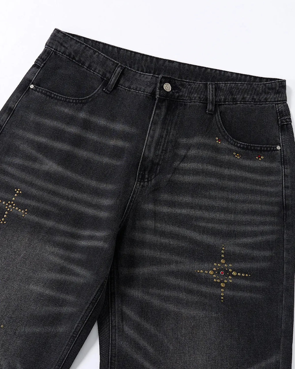Distressed Rhinestone Ripped Baggy Jeans by Flation featuring ripped knees, rhinestone accents, and a relaxed streetwear style.