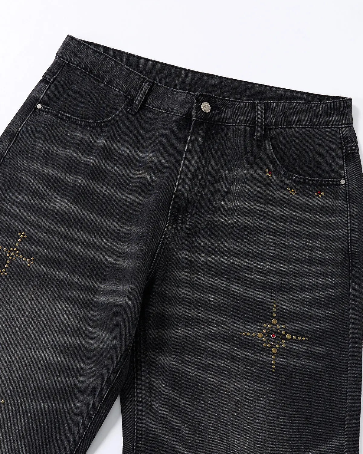 Distressed Rhinestone Ripped Baggy Jeans by Flation featuring ripped knees, rhinestone accents, and a relaxed streetwear style.