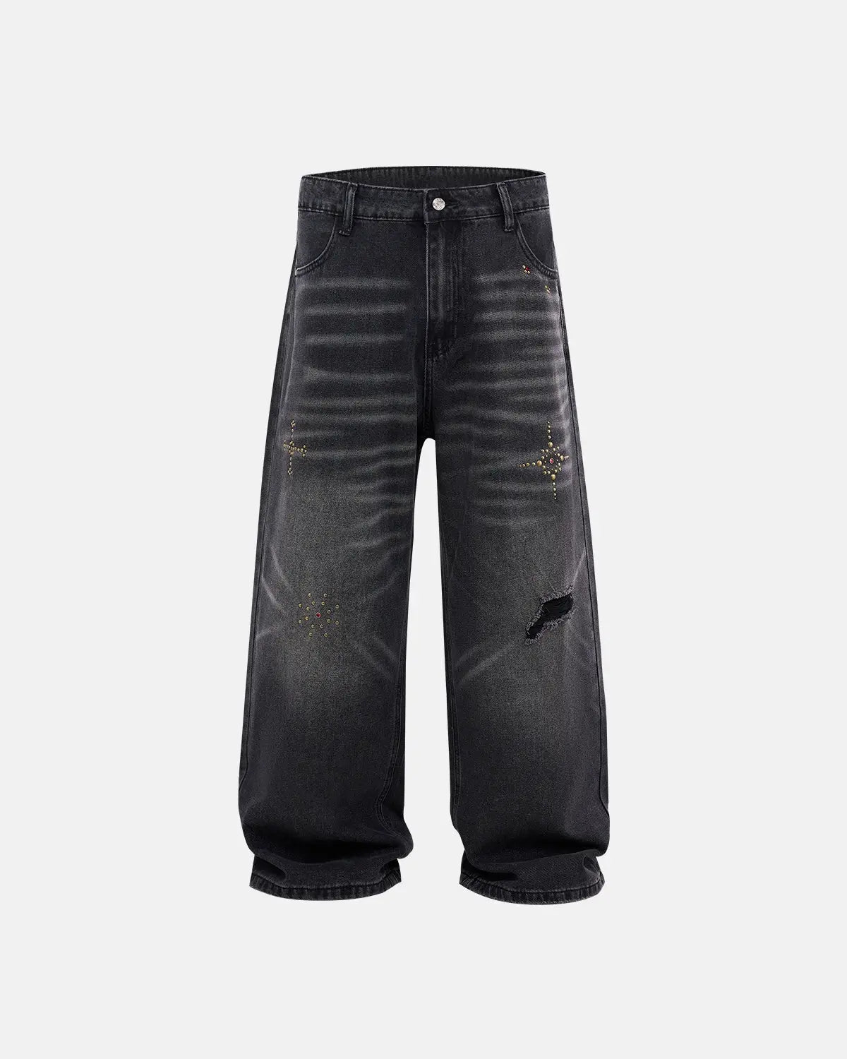Distressed rhinestone ripped baggy jeans by Flation Streetwear with frayed edges and embellishments, showcasing a casual, edgy style.
