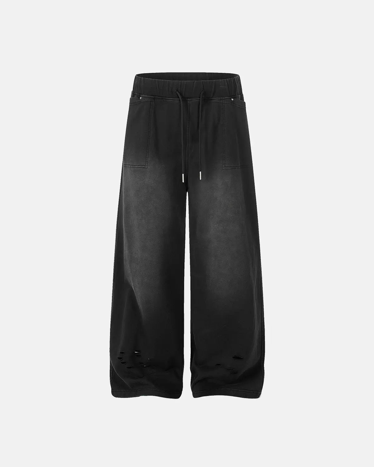 Black distressed washed baggy sweatpants by Flation Streetwear, relaxed fit with a rugged, worn-in look.