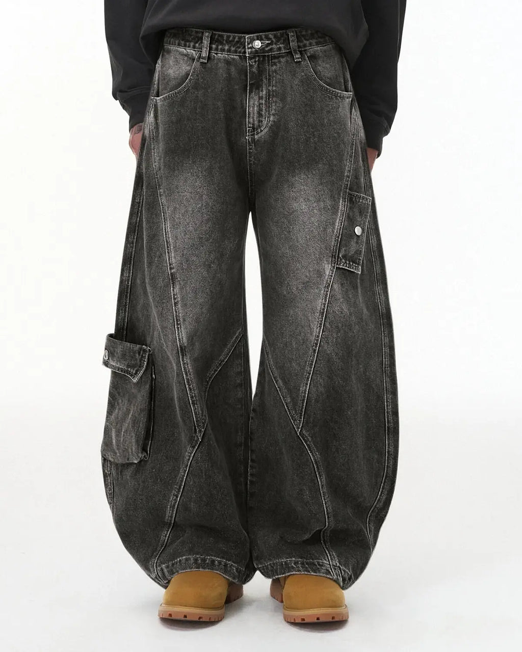 Black distressed washed cargo barrel jeans by Flation Streetwear with a relaxed fit and rugged design.