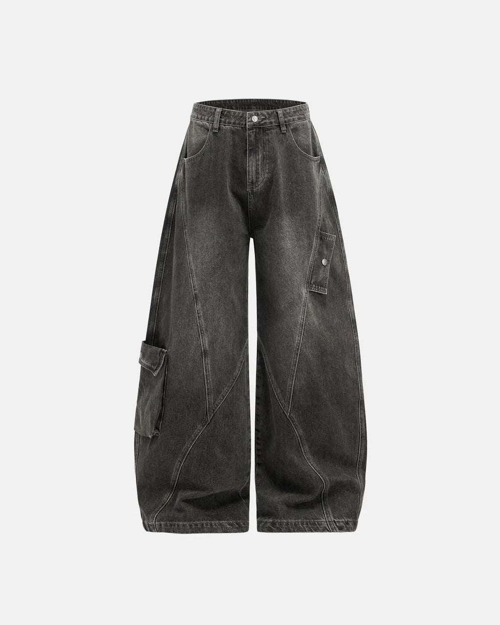 Black distressed washed cargo barrel jeans by Flation Streetwear, featuring a relaxed fit and multiple cargo pockets.