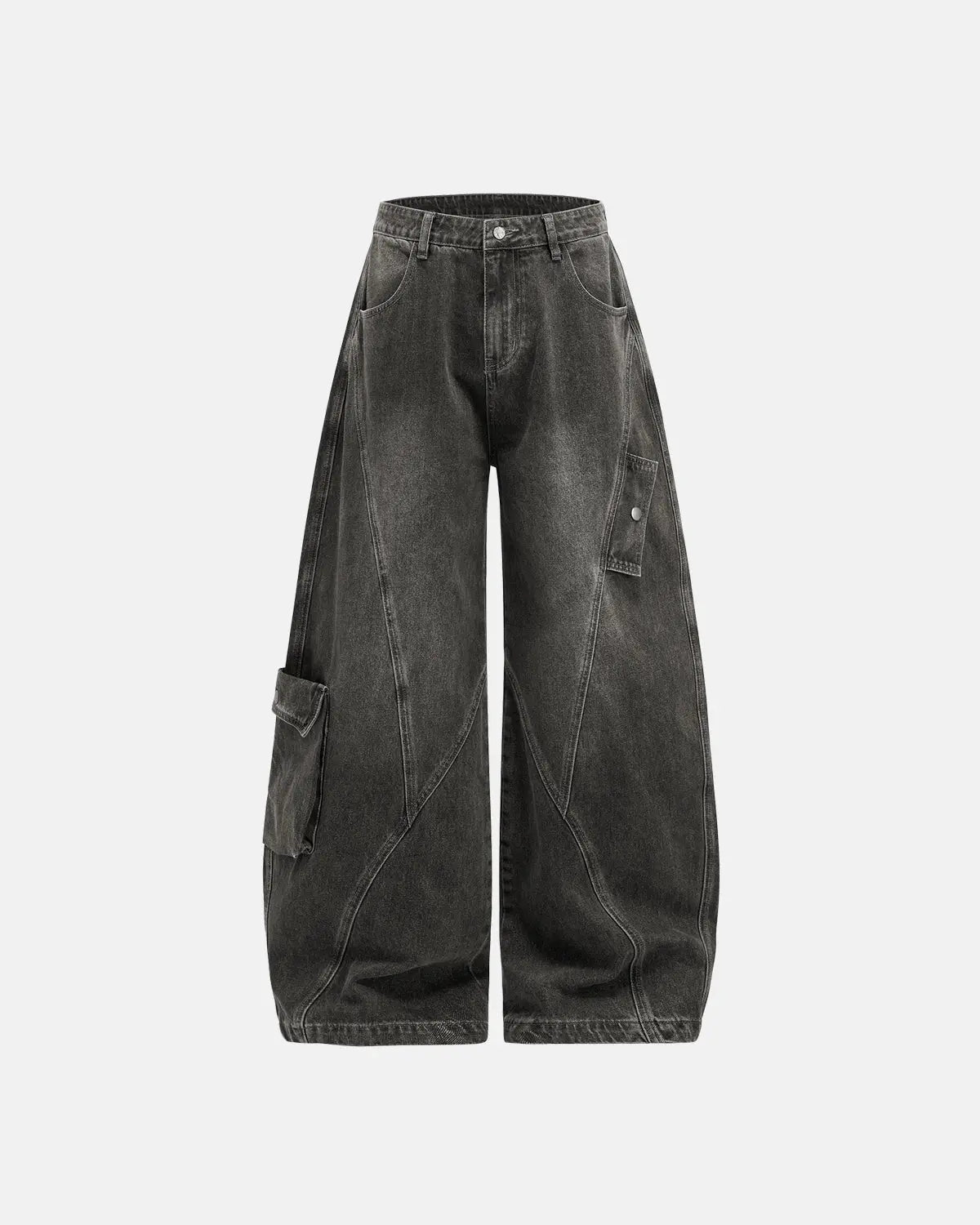 Black distressed washed cargo barrel jeans by Flation Streetwear, featuring a relaxed fit and multiple cargo pockets.