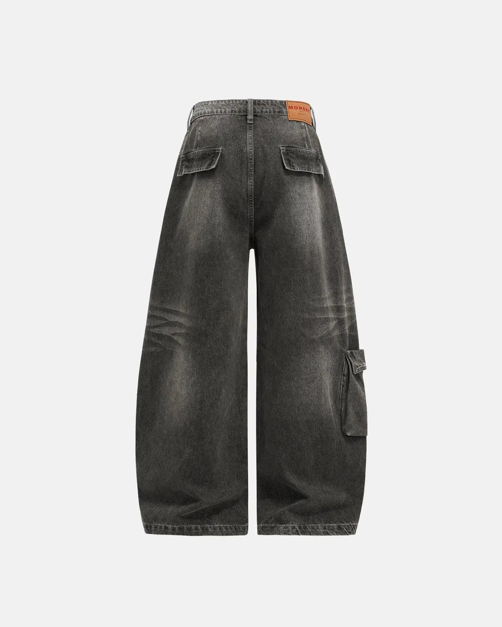 Black distressed washed cargo barrel jeans from Flation Streetwear, featuring a relaxed fit and multiple cargo pockets.
