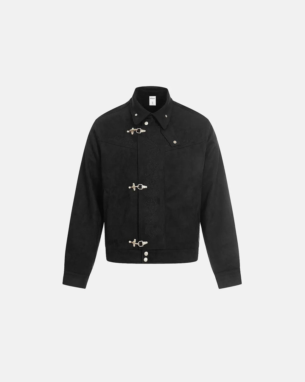 Black embroidery jacquard cropped clasp jacket by Flation Streetwear, shown with detailed textured fabric and front clasp closure.