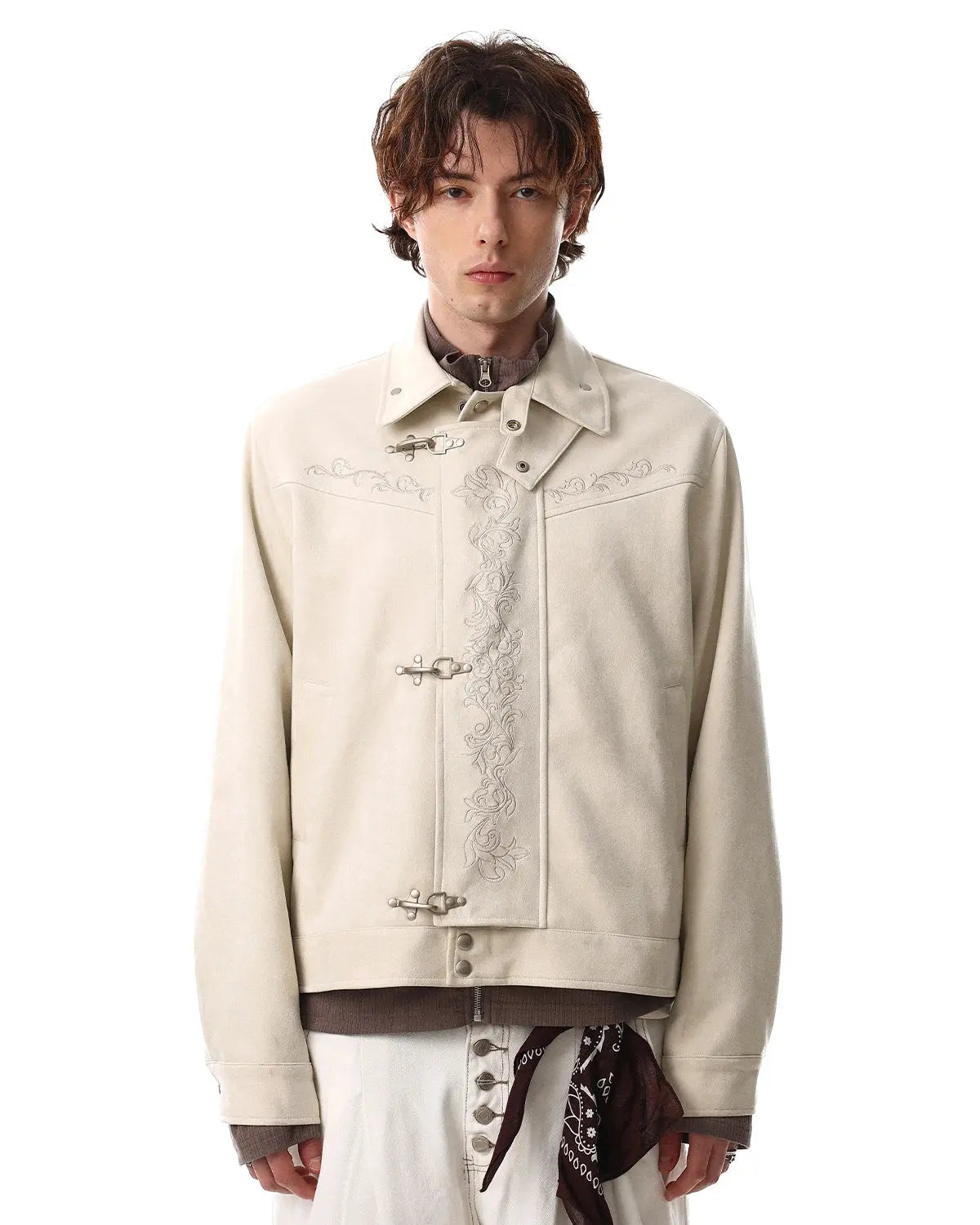 Black embroidery jacquard cropped clasp jacket from Flation Streetwear, showcasing detailed pattern and stylish design.