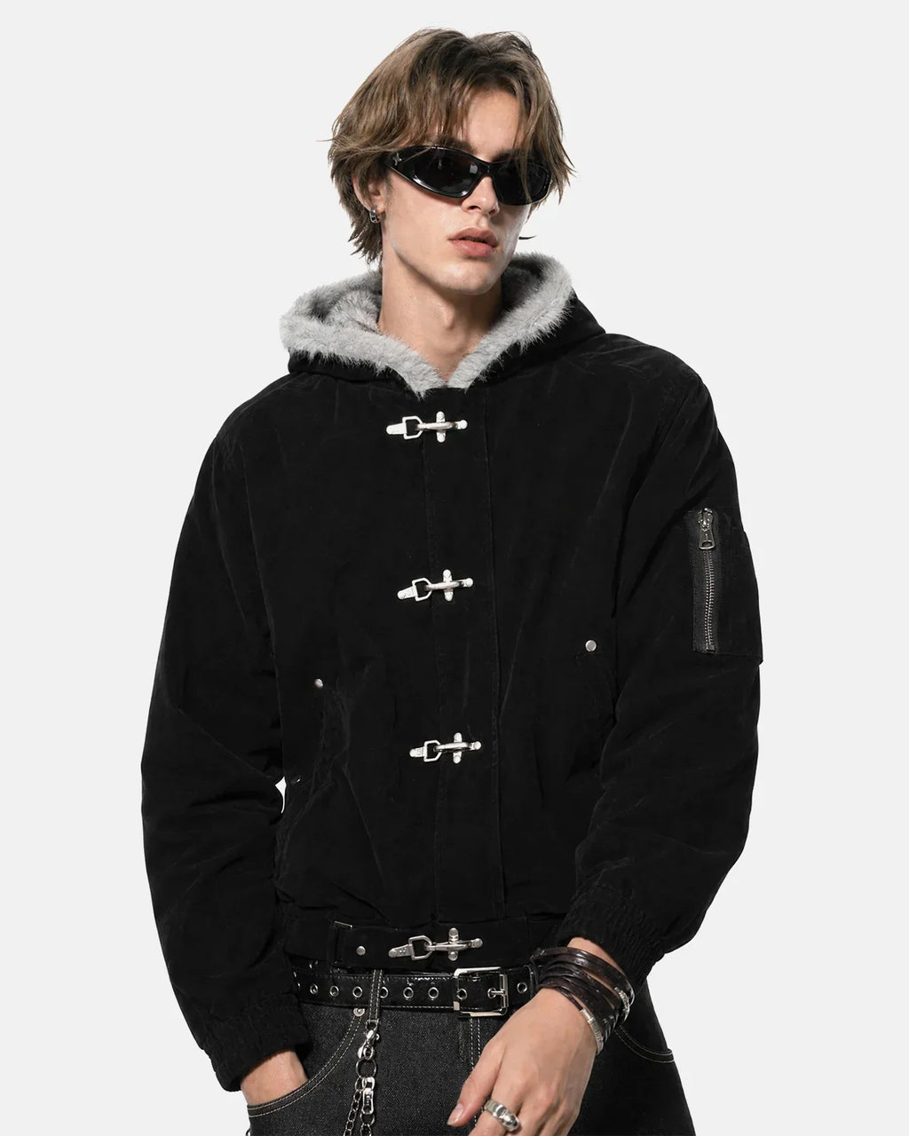 Flation faux fur lined clasp bomber jacket showcasing a stylish streetwear design with a cozy fur interior and modern silhouette.