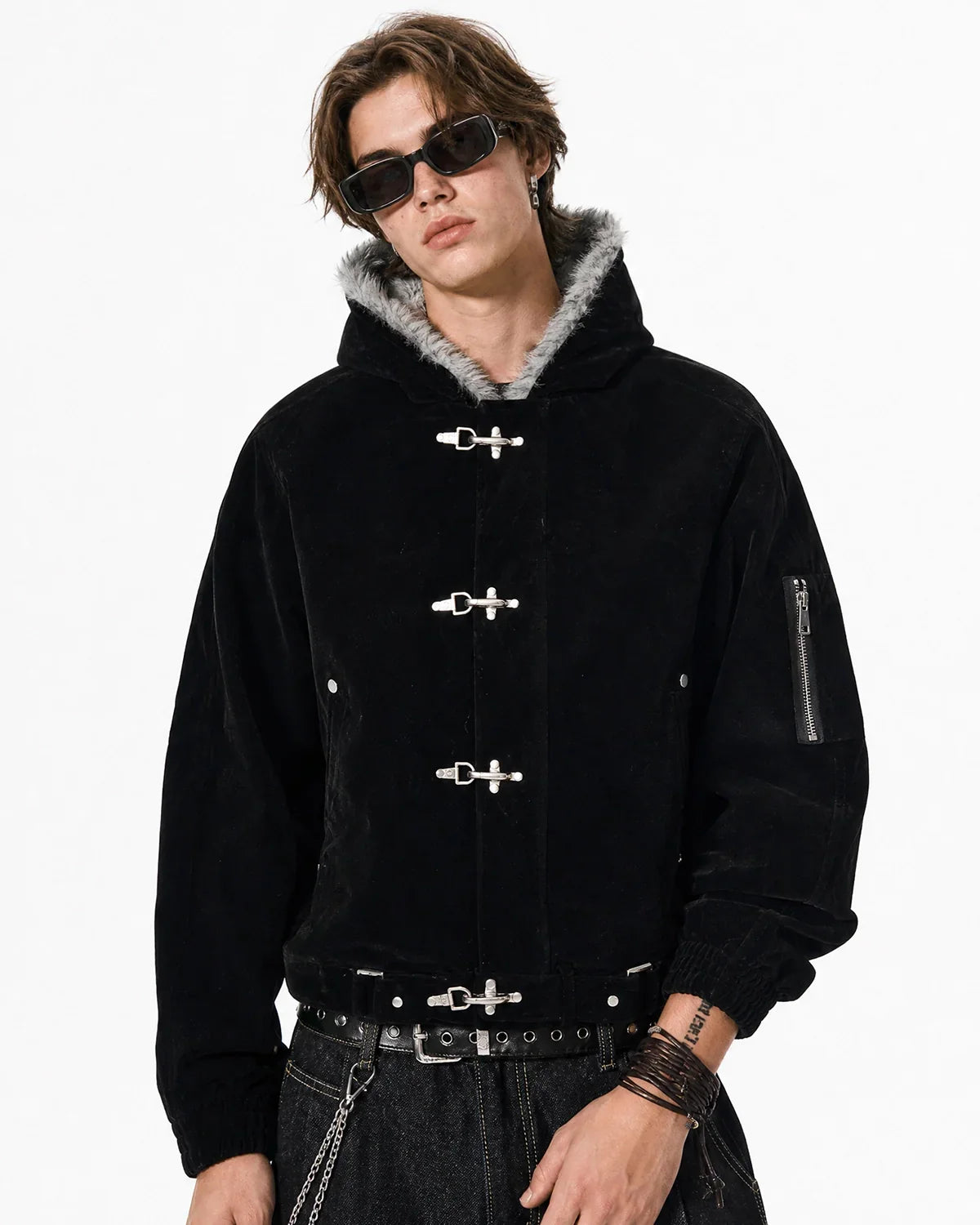 Flation faux fur lined clasp bomber jacket with black exterior and cozy fur collar, casual streetwear style, front zipper closure.