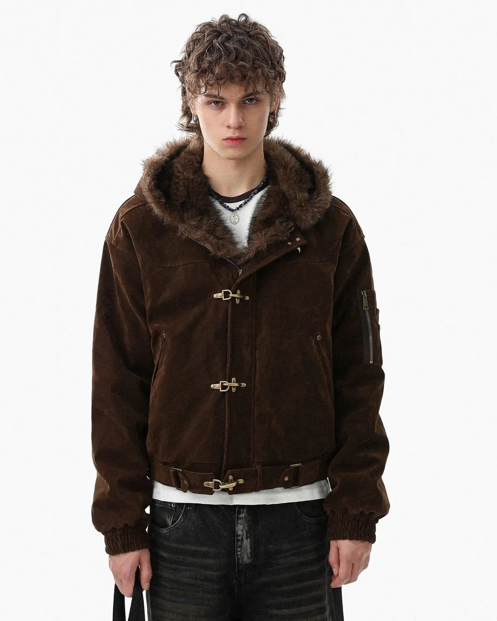Flation faux fur lined clasp bomber jacket with a sleek streetwear style, featuring a front clasp closure and cozy fur lining.
