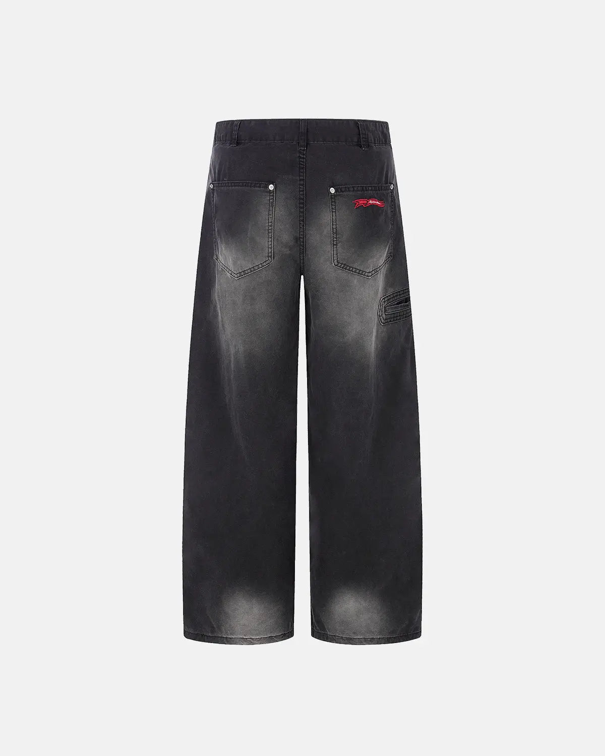 Retro washed wide-leg jeans by Flation Streetwear, showing distressed denim and relaxed fit design on a model.