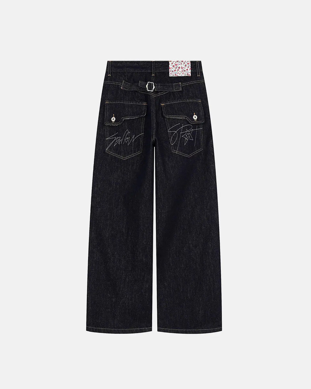 Black selvedge buckle baggy jeans from Flation Streetwear with relaxed fit and detailed stitching.
