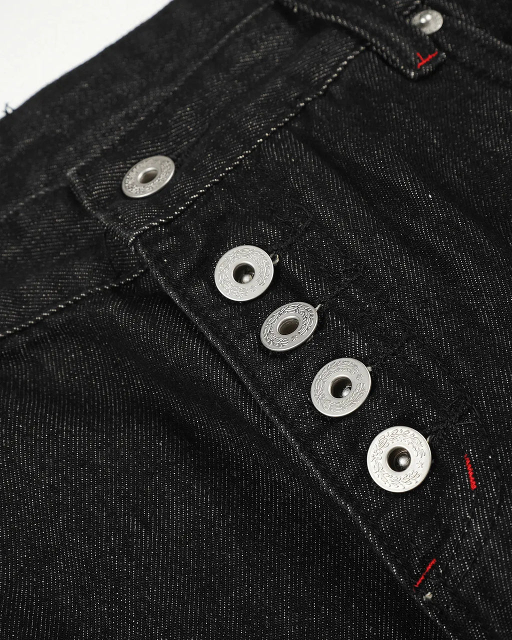 Dark blue Flation Streetwear barrel jeans with side eyelet buttons and classic five-pocket design.