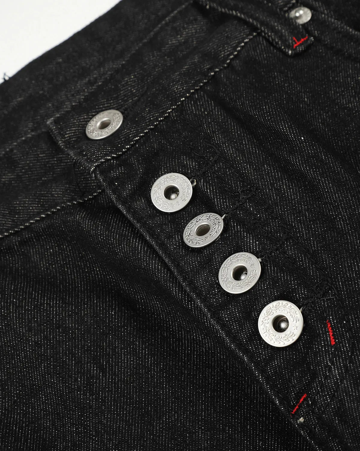 Dark blue Flation Streetwear barrel jeans with side eyelet buttons and classic five-pocket design.