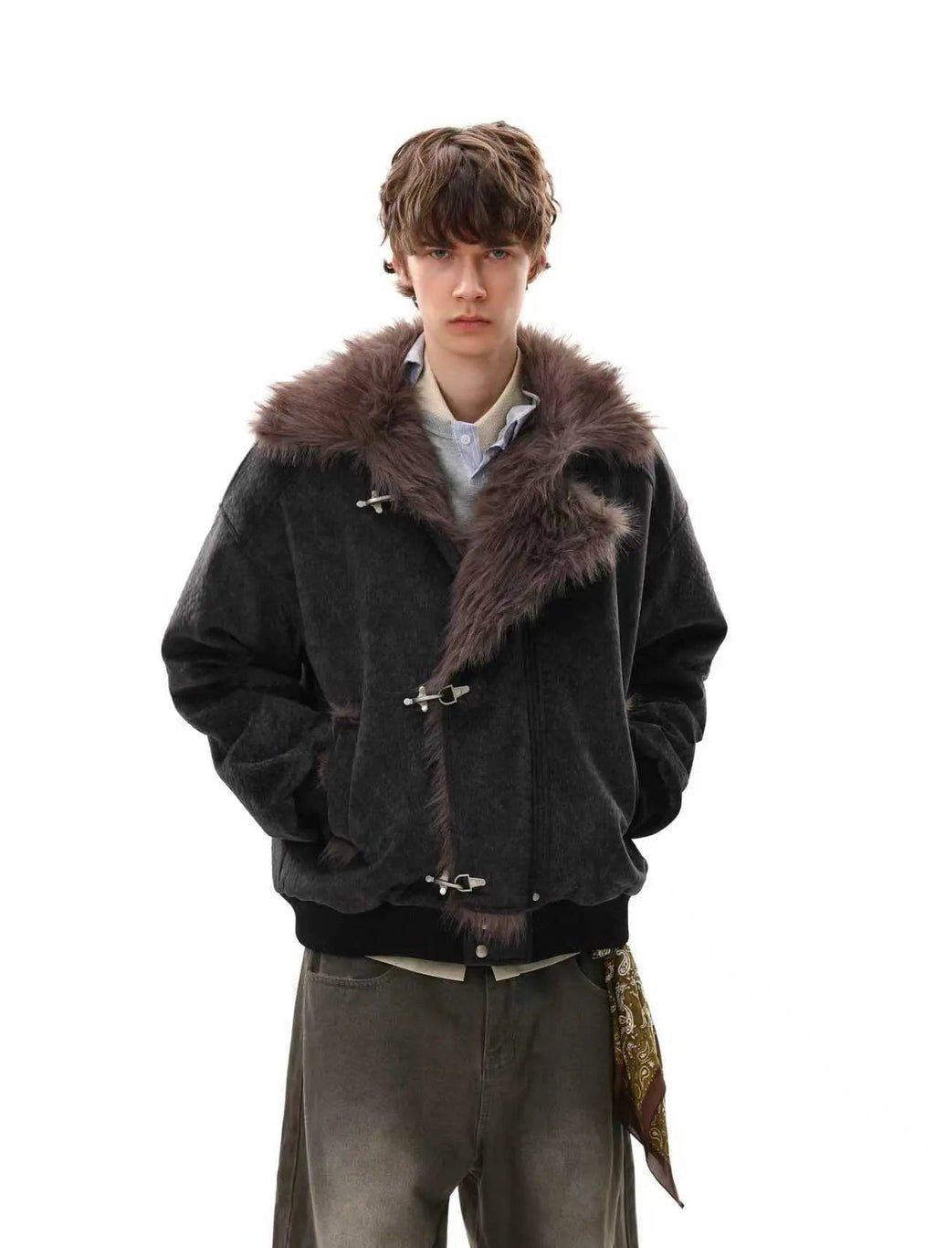 Black Flation Fireman Padded Jacket with slanted clasp, featuring a stylish streetwear design and padded construction for warmth.
