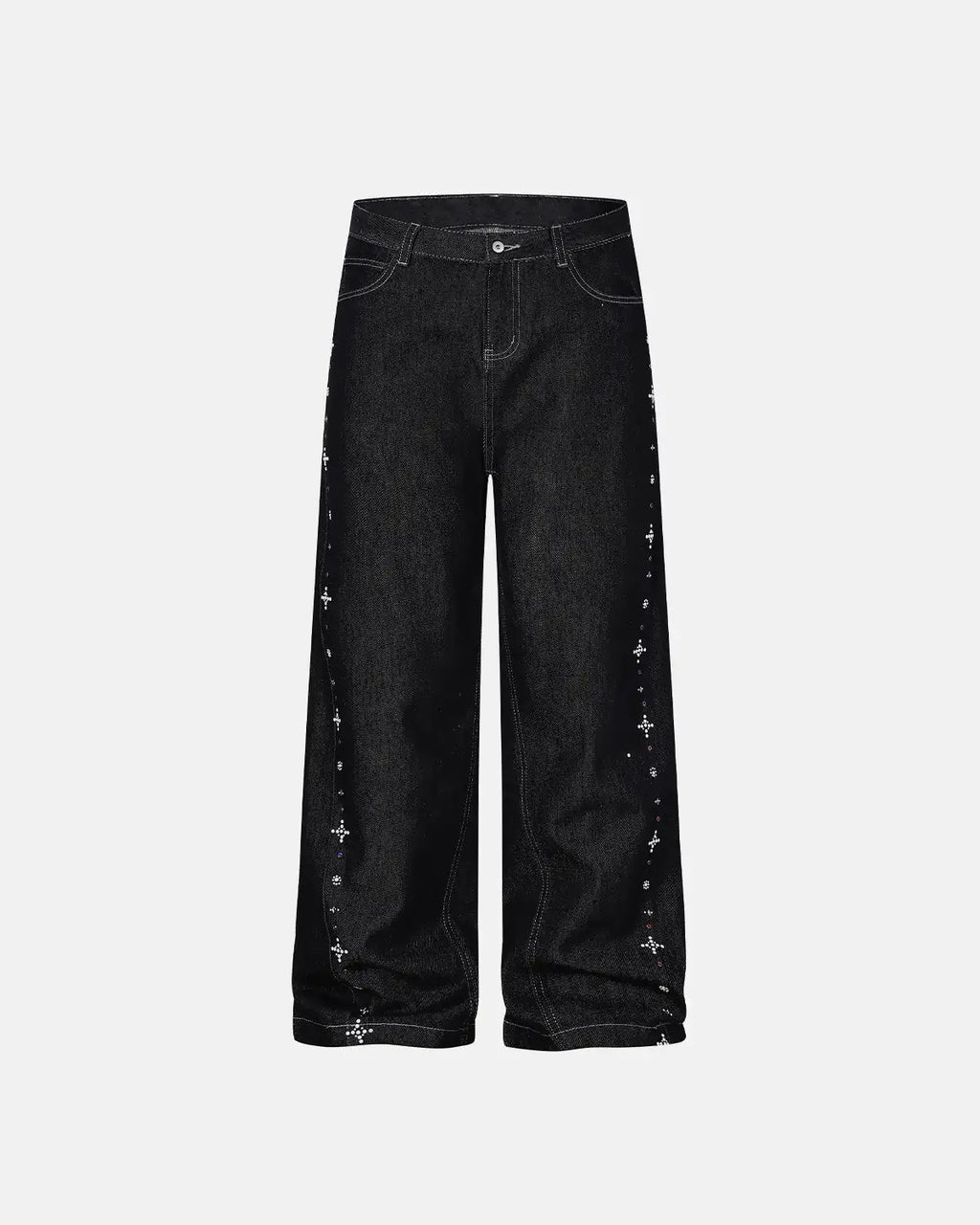 Black baggy denim jeans with studded rhinestone embellishments by Flation Streetwear, showcasing a loose fit and fashionable detailing.