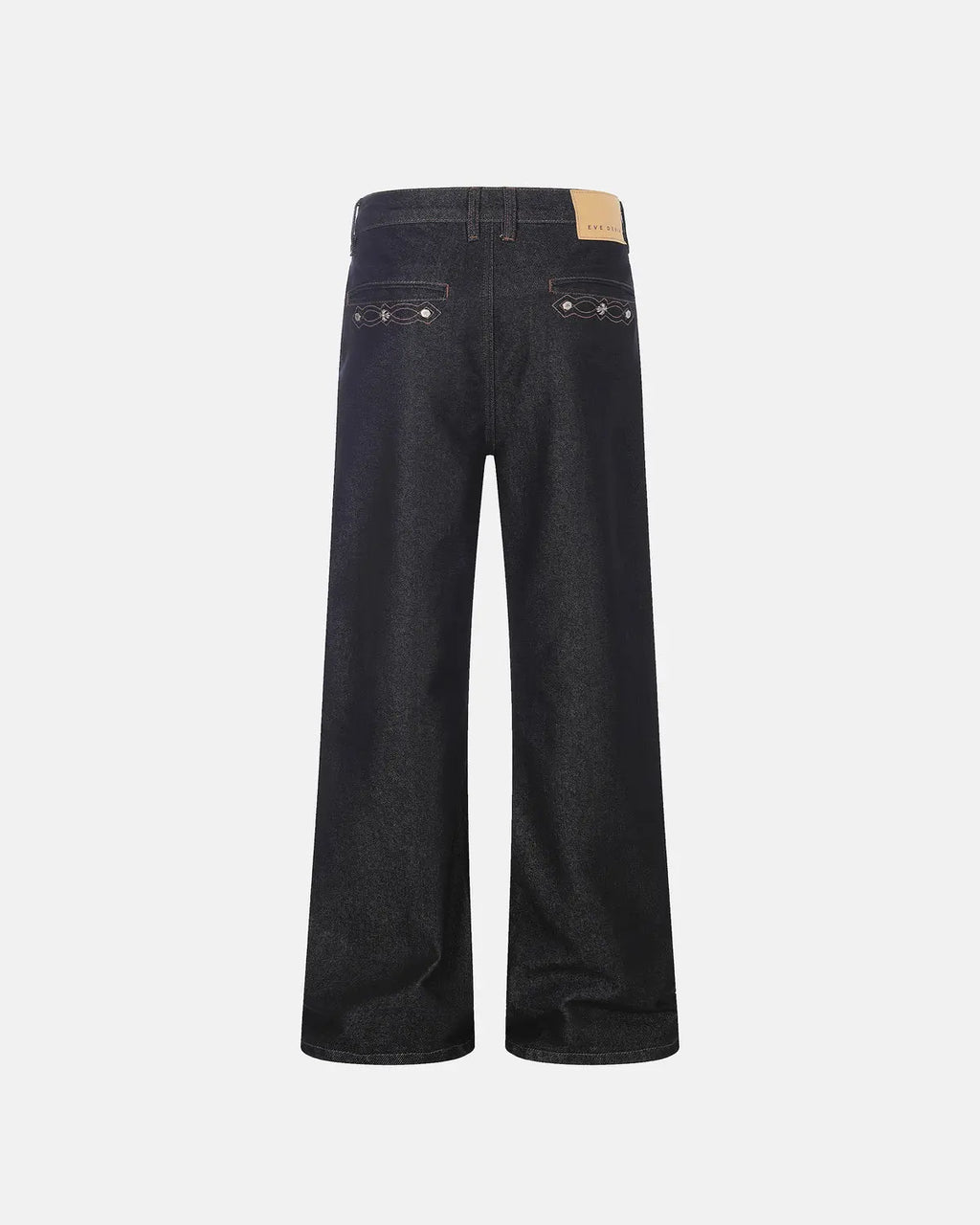 Black vintage embroidered bootcut jeans by Flation with intricate embroidery and classic fit, styled for streetwear fashion.
