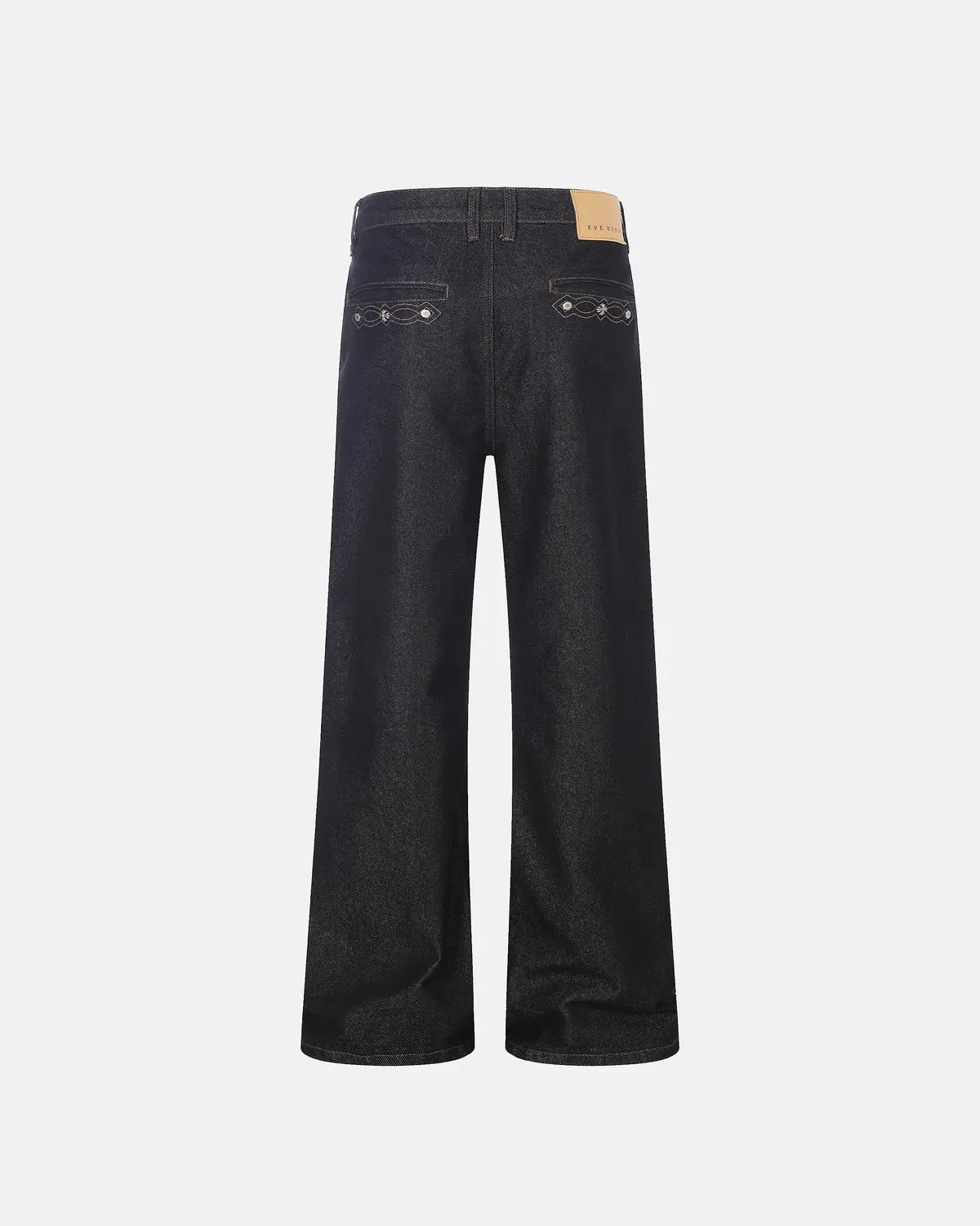 Black vintage embroidered bootcut jeans by Flation with intricate embroidery and classic fit, styled for streetwear fashion.