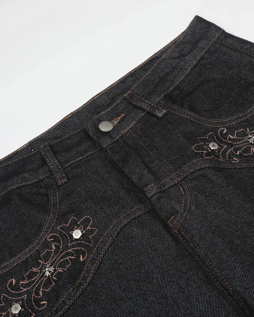 Black vintage embroidered bootcut jeans by Flation Streetwear, showcasing detailed embroidery and classic fit.