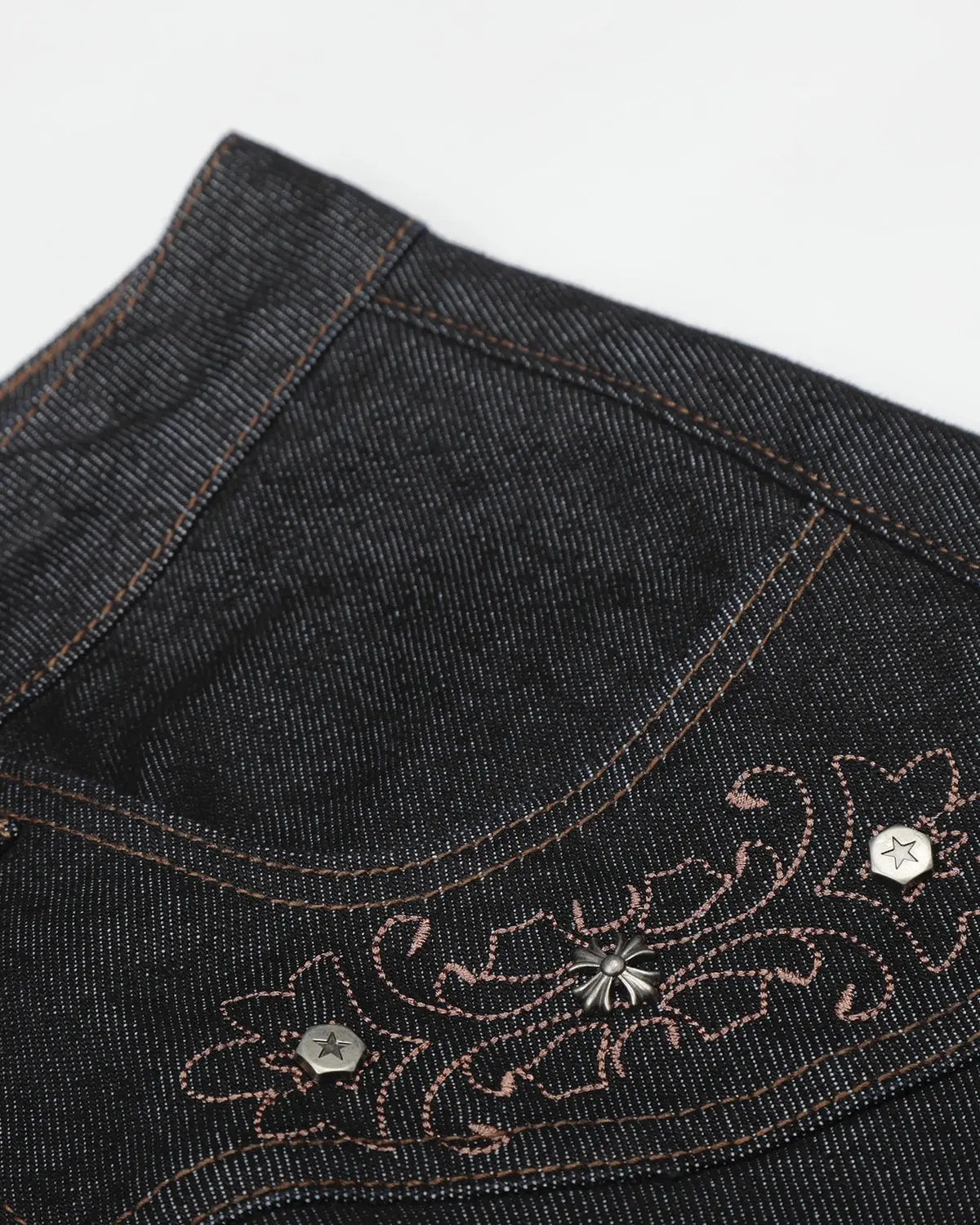 Black vintage embroidered bootcut jeans by Flation Streetwear, featuring detailed embroidery and classic fit.
