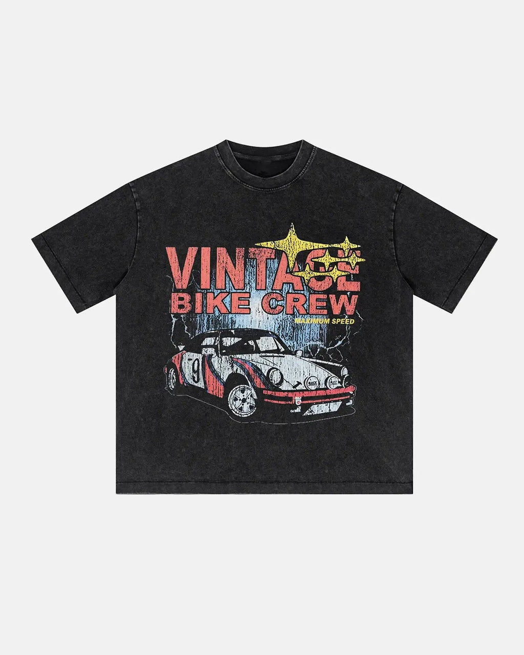 Black vintage graphic snow-washed T-shirt by Flation Streetwear, featuring retro design and distressed fabric for a casual look.
