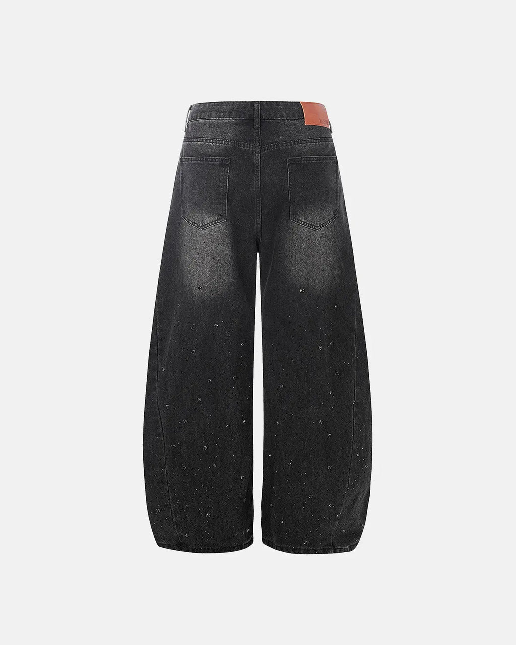 Black vintage washed rhinestone barrel jeans by Flation Streetwear, showcasing a relaxed fit with sparkling rhinestone details.
