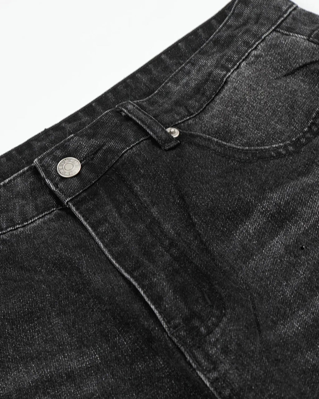 Black vintage washed rhinestone barrel jeans by Flation, showcasing distressed denim and sparkling rhinestone details.