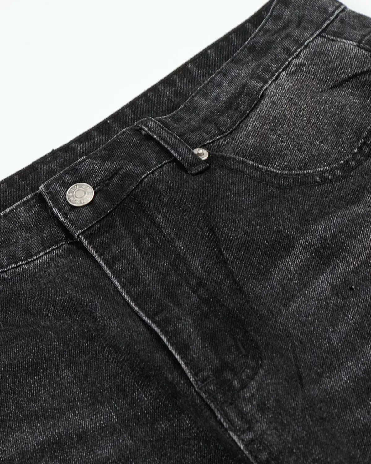 Black vintage washed rhinestone barrel jeans by Flation, showcasing distressed denim and sparkling rhinestone details.