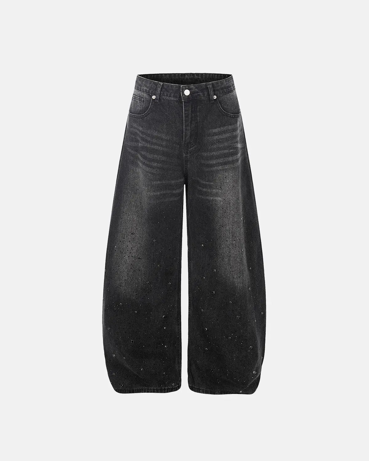 Black vintage washed rhinestone barrel jeans by Flation Streetwear, featuring distressed details and a relaxed fit.