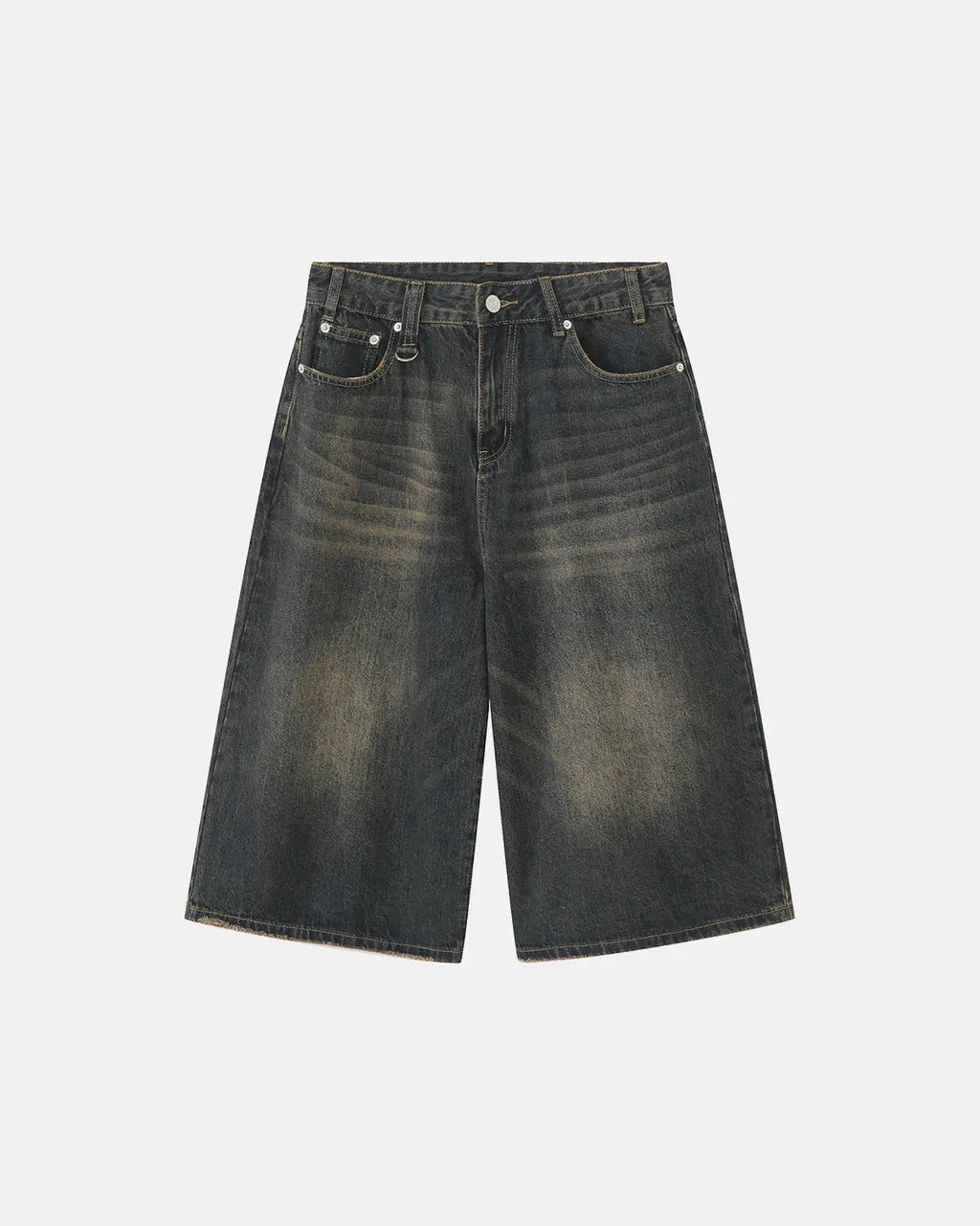 Black washed baggy denim Jorts by Flation Streetwear, casual fit with distressed details and relaxed style.