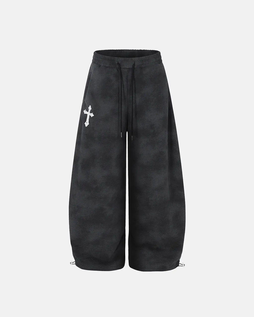 Black washed cross barrel sweatpants by Flation Streetwear, featuring relaxed fit and stylish design with side pockets.