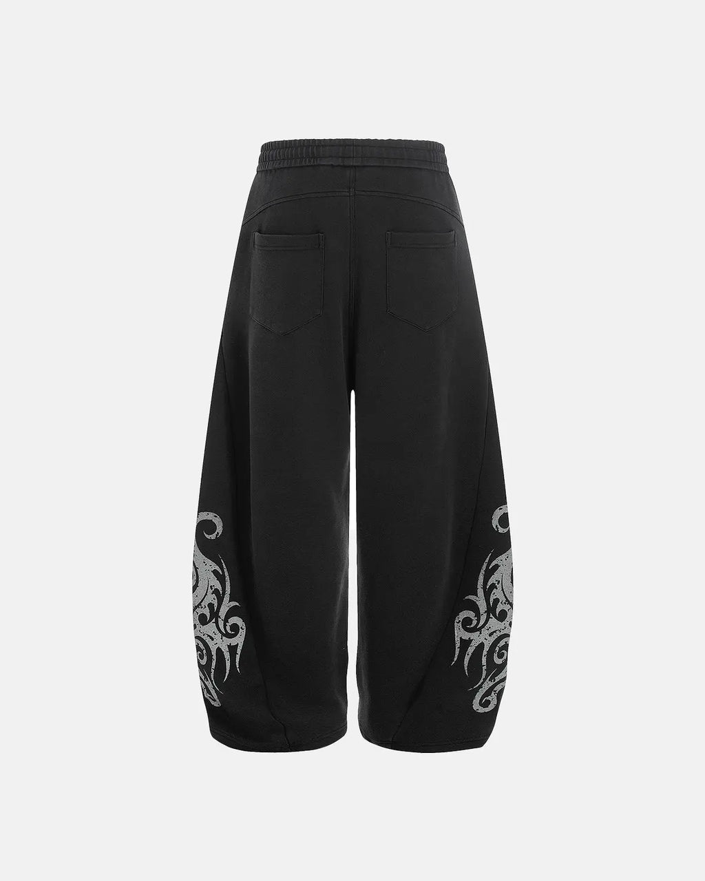 Black washed distressed barrel sweatpants by Flation Streetwear, featuring a relaxed fit and casual streetwear style.