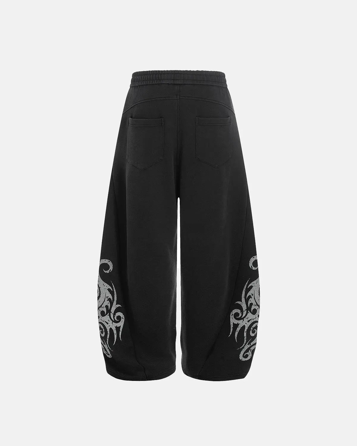 Black washed distressed barrel sweatpants by Flation Streetwear, featuring a relaxed fit and casual streetwear style.