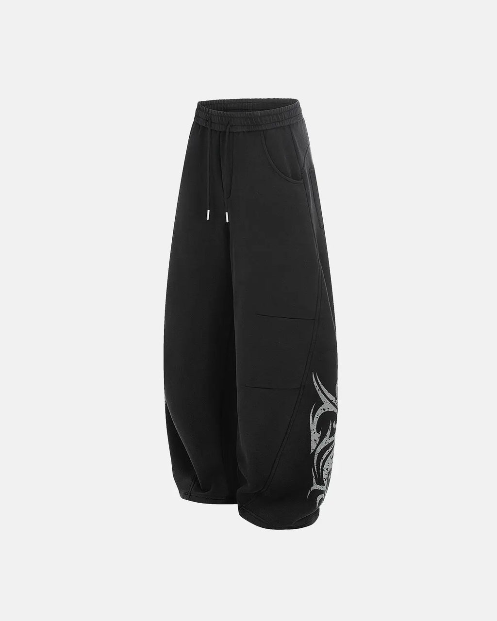 Black washed distressed barrel sweatpants by Flation Streetwear, featuring relaxed fit and distressed detailing.