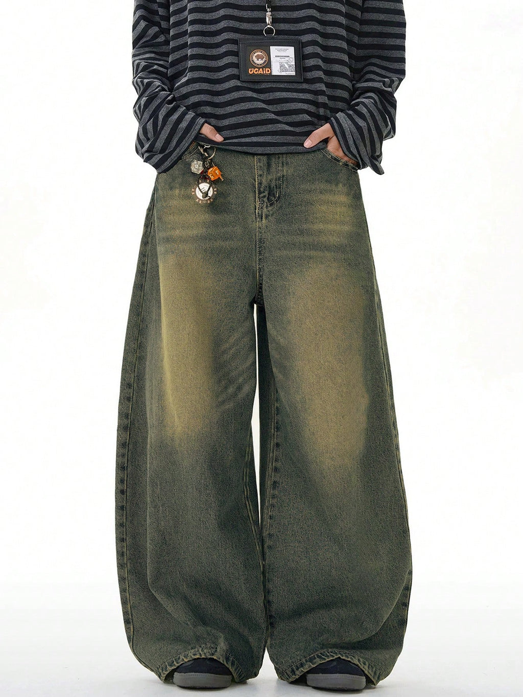 Black Flation wide-leg loose fit distressed vintage denim jeans, showcasing relaxed fit and distressed detailing.