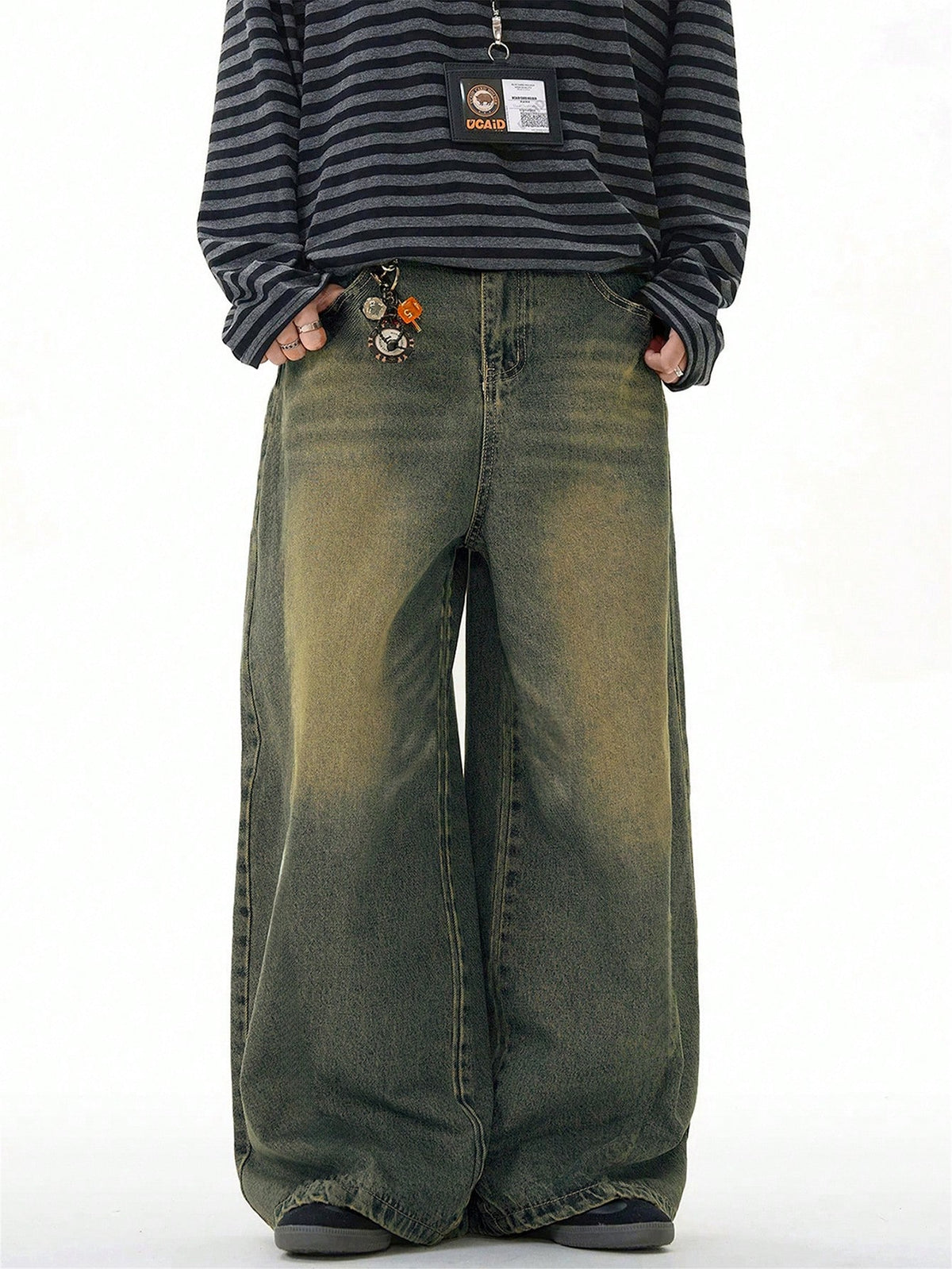 Black Flation wide-leg loose-fit distressed vintage denim jeans, showcasing relaxed fit and distressed details.