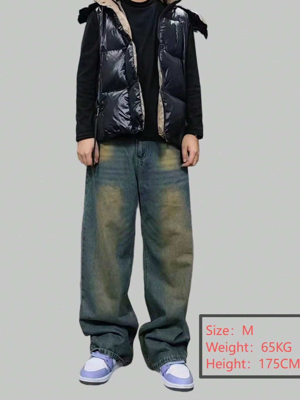 Black Flation wide-leg loose fit distressed vintage denim jeans displayed on a model.