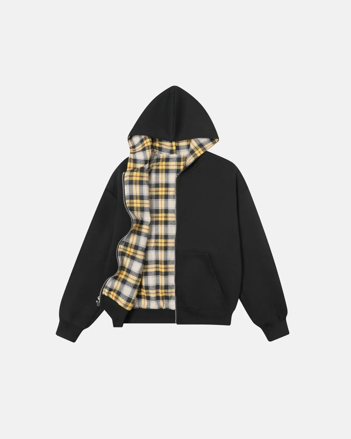 Reversible plaid zip-up hoodie by INFLATION Streetwear with a stylish checkered pattern and comfortable fit.