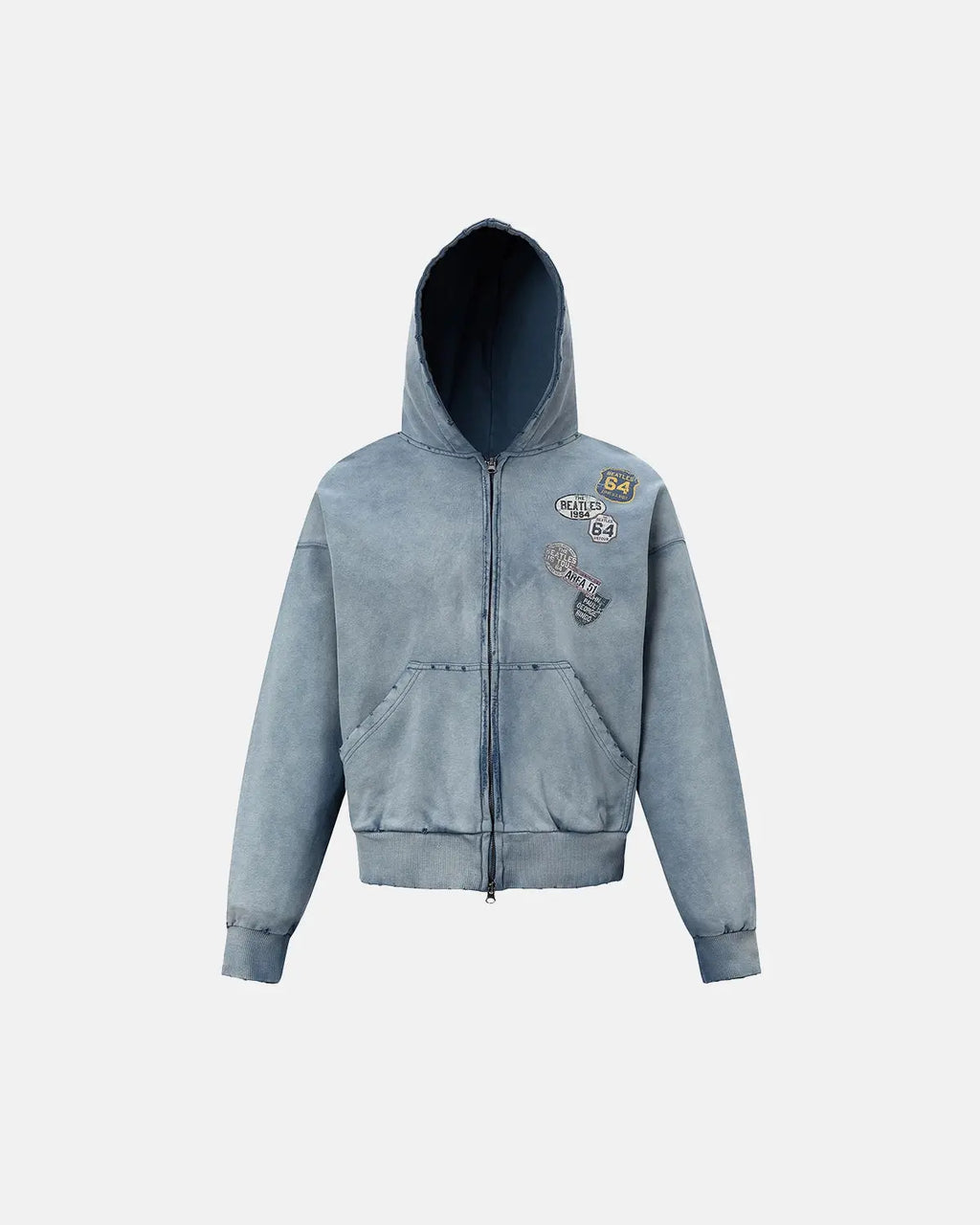Blue distressed acid wash zip-up hoodie by Flation Streetwear, showcasing a casual, relaxed fit with a front zipper and hood.
