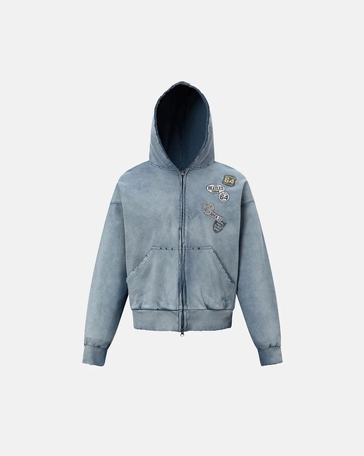Blue distressed acid wash zip-up hoodie by Flation Streetwear, showcasing a casual, relaxed fit with a front zipper and hood.