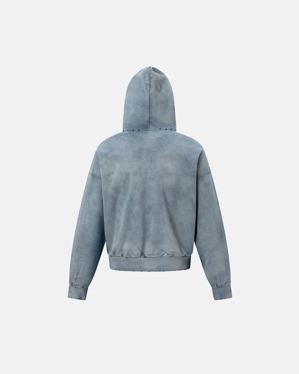 Blue distressed acid wash zip-up hoodie by Flation Streetwear, featuring a casual fit and front zipper detail.